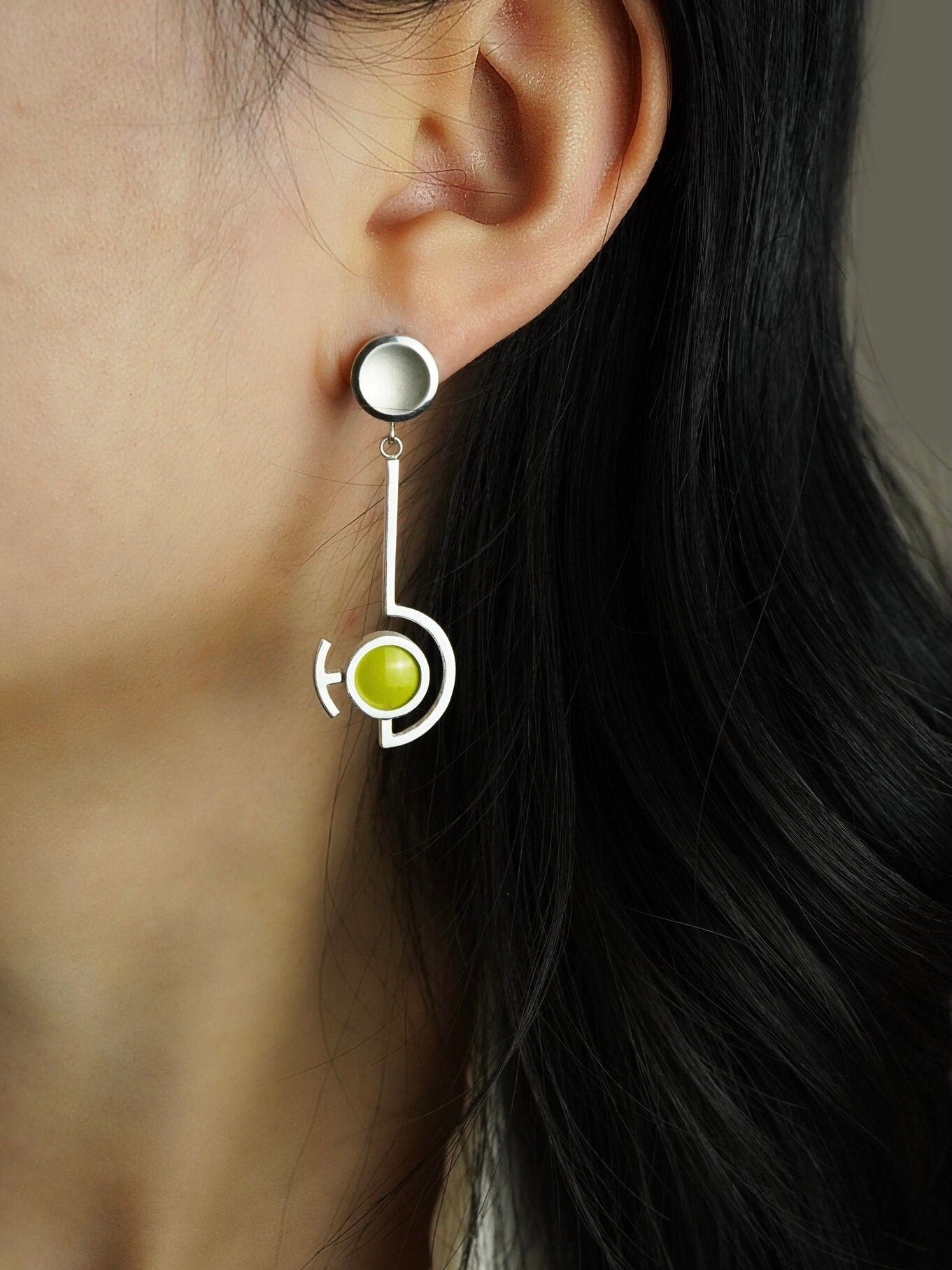 Vitreous Enamel Dangle Earring | Contemporary Earring | Geometric Earring | Sterling Silver Earring | Modern Bitter Green Dainty Earring