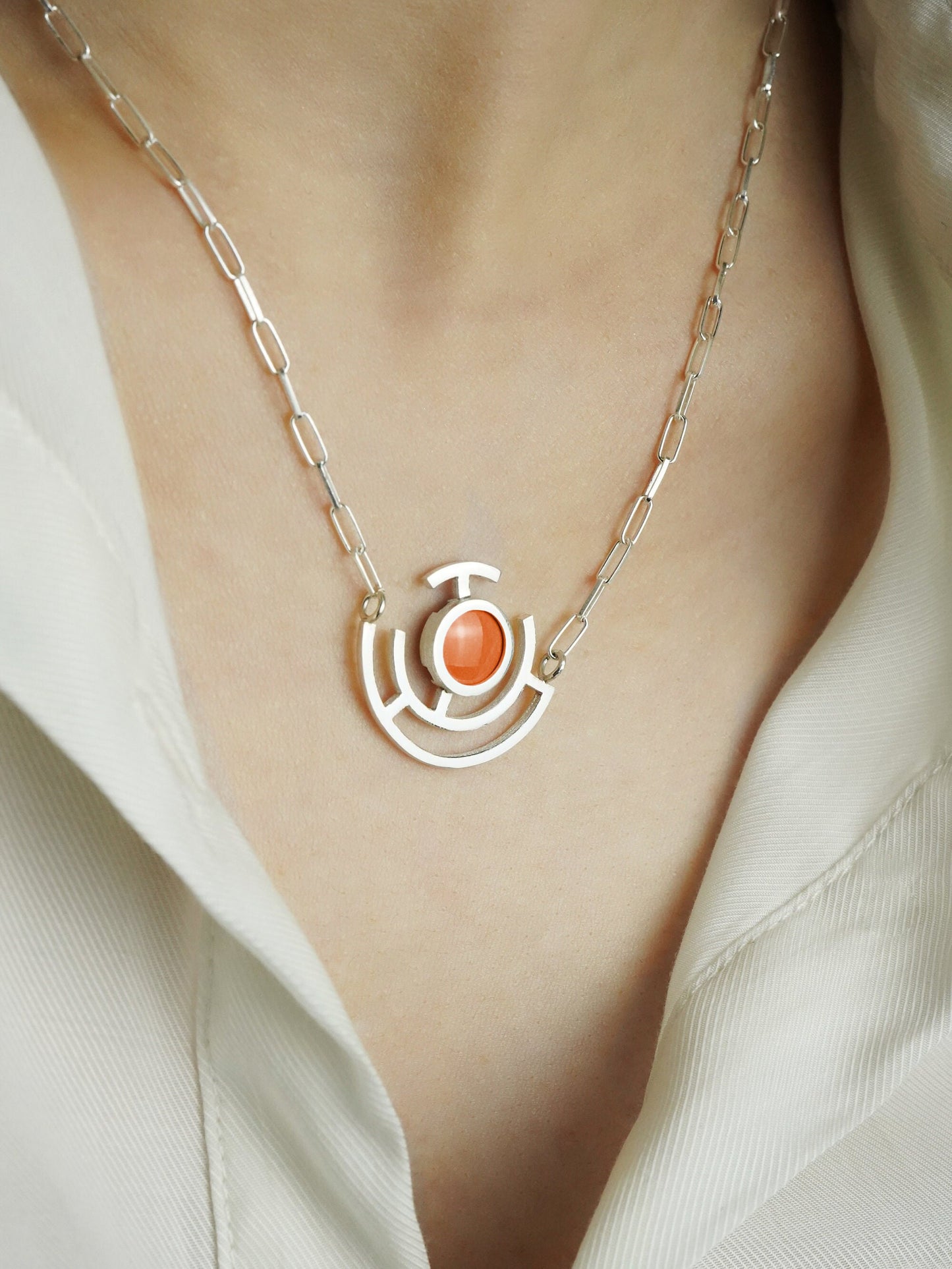 Flame Orange Vitreous Enamel Necklace | Modern Silver Pendant | Geometric Pendant |Contemporary Necklace | Minimalist Silver Necklace