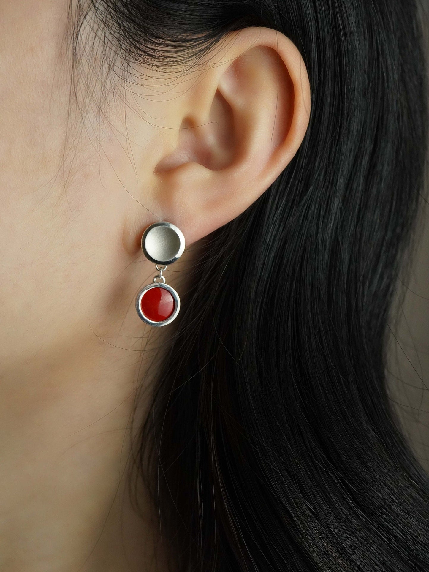 Vitreous Enamel Earring | Everyday Drop Earrings| Sterling Silver Earring｜Flame Red Dainty Earrings| Asymmetrical Earrings | Minimal Earring