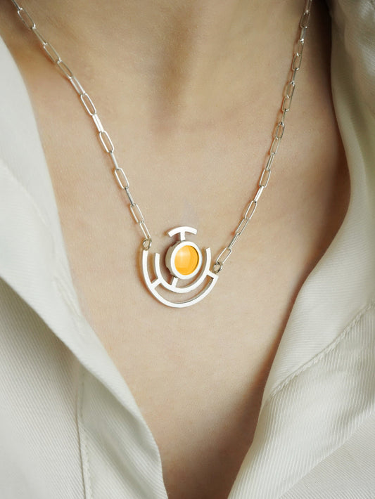 Goldenrod Vitreous Enamel Necklace | Modern Silver Pendant | Geometric Pendant |Contemporary Necklace | Minimalist Silver Necklace