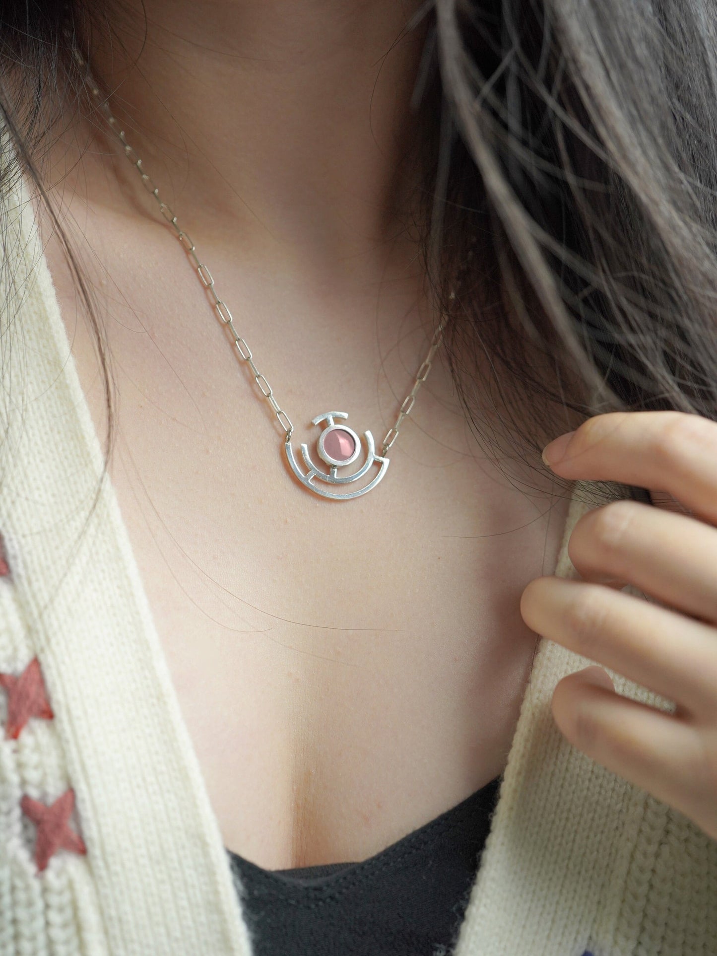 Clover Pink Vitreous Enamel Necklace
