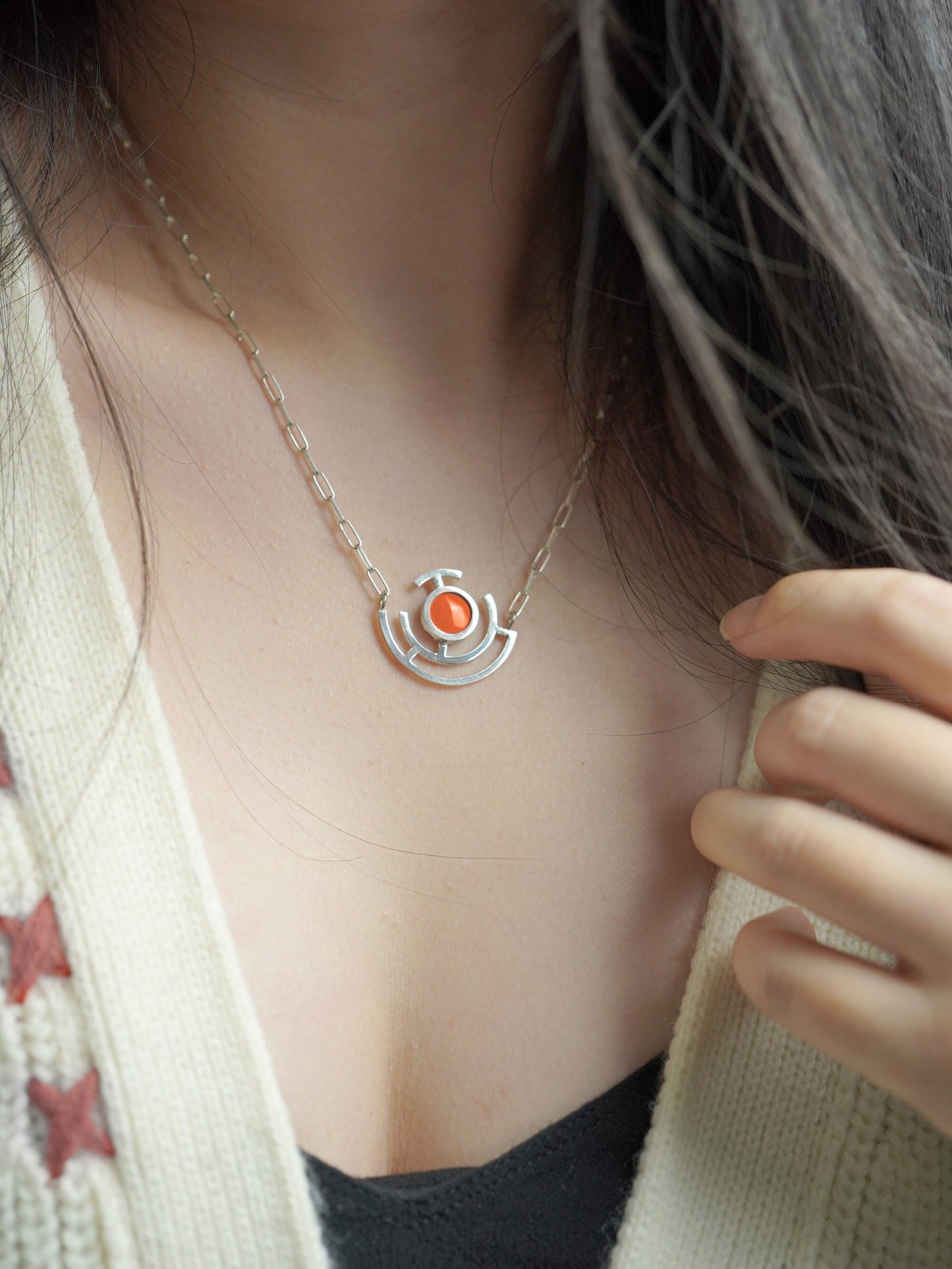 Flame Orange Vitreous Enamel Necklace | Modern Silver Pendant | Geometric Pendant |Contemporary Necklace | Minimalist Silver Necklace